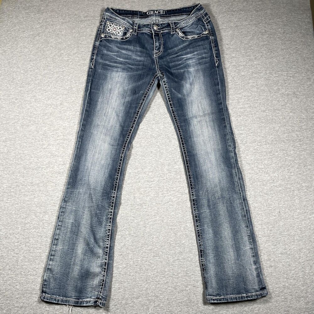 Grace In LA Jeans Womens 31 Blue Bootcut Slim Stretch Embroidered Rhinestone